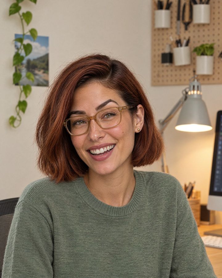 Nora, an AI-generated host, smiling at her desk